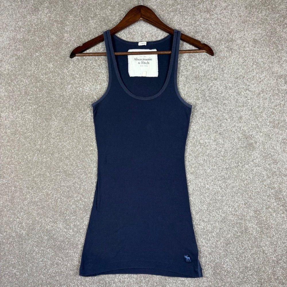 Abercrombie & Fitch Y2K Navy Blue Ribbed Racerback Tank Top Medium Moose Logo